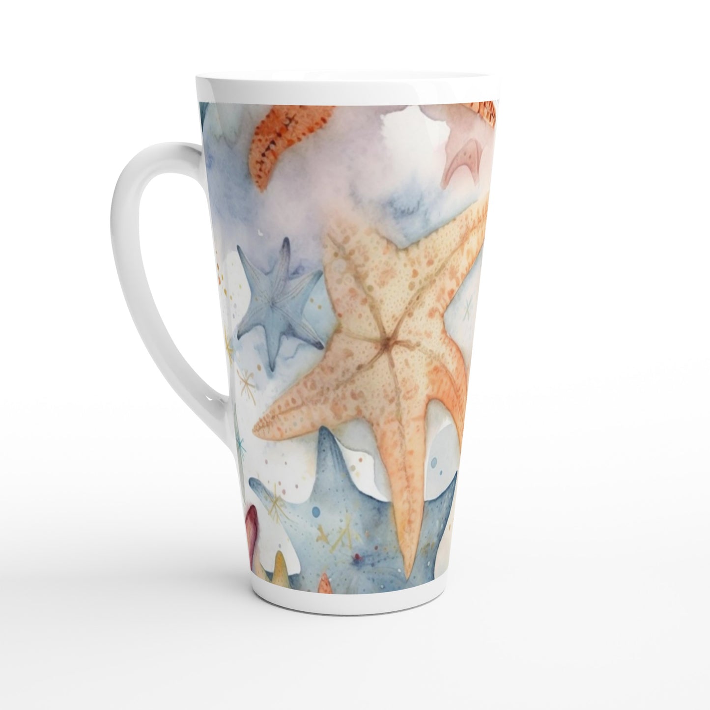 White Latte 17oz Ceramic Mug "Starfish" Summer Holidays at the beach Watercolour Design