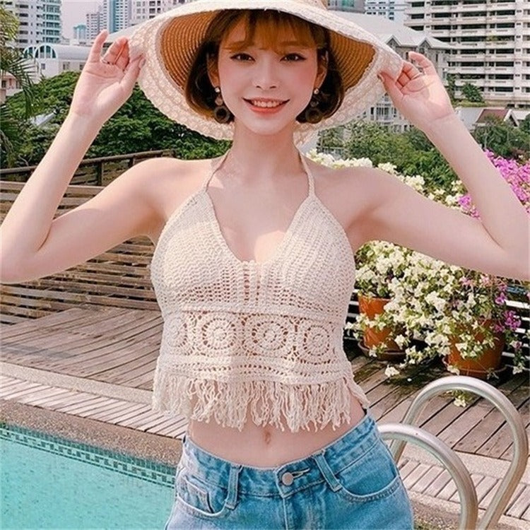 Hanging Neck Small Tank Top with Inner Strap and Chest Pad Open Back Hollow Bra Crochet Tank Top Women's Short Top