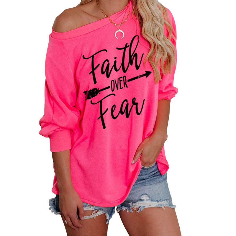 Women's Spring Loose Casual Letter Print T-Shirt Long Sleeve Round Neck Hooded Top