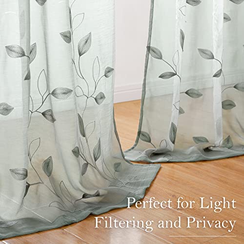 HOMEIDEAS Sage Green Sheer Curtains 52 X 63 Inches Length 2 Panels Embroidered Leaf Pattern Pocket Faux Linen Floral Semi Sheer Voile Window Curtains/Drapes for Bedroom Living Room