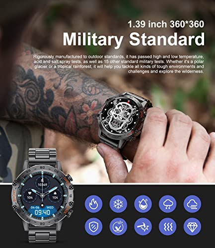 Military Smart Watch for Men(Answer/Dial Calls),100 Sports Modes, 5ATM Waterproof Fitness Watch with Heart Rate/SpO2/Blood Pressure for Android and iOS,1.39''HD DIY Screen Smart Watch