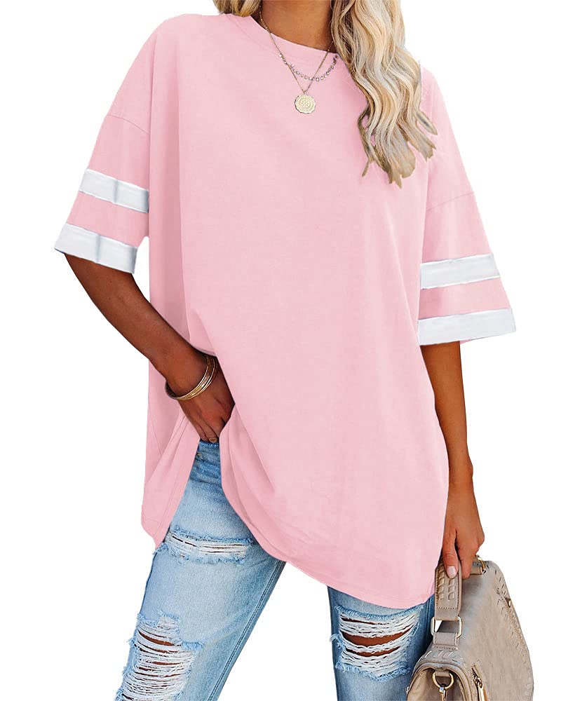 Fisoew Womens Oversized Tees Loose T Shirts Half Sleeve Crew Neck Color Block Cotton Tunic Tops Pink