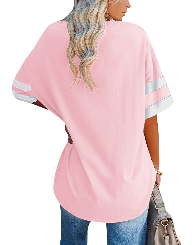 Fisoew Womens Oversized Tees Loose T Shirts Half Sleeve Crew Neck Color Block Cotton Tunic Tops Pink