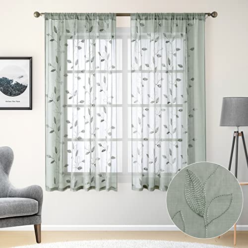 HOMEIDEAS Sage Green Sheer Curtains 52 X 63 Inches Length 2 Panels Embroidered Leaf Pattern Pocket Faux Linen Floral Semi Sheer Voile Window Curtains/Drapes for Bedroom Living Room