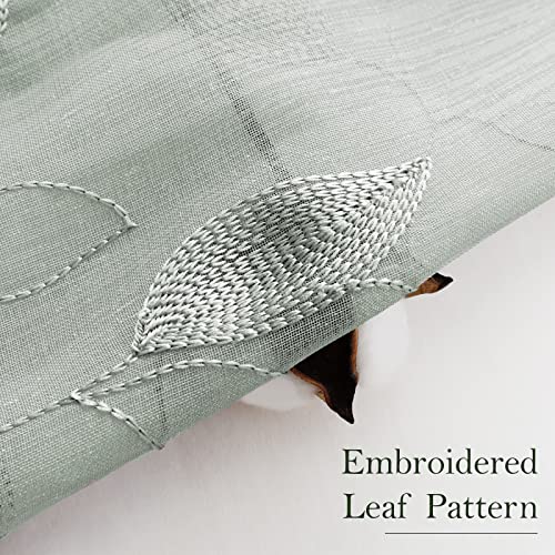 HOMEIDEAS Sage Green Sheer Curtains 52 X 63 Inches Length 2 Panels Embroidered Leaf Pattern Pocket Faux Linen Floral Semi Sheer Voile Window Curtains/Drapes for Bedroom Living Room