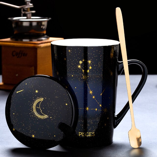 12 Constellations Creative Mugs With Golden Spoon and Lid in White, Dark Blue and Black 420 ml