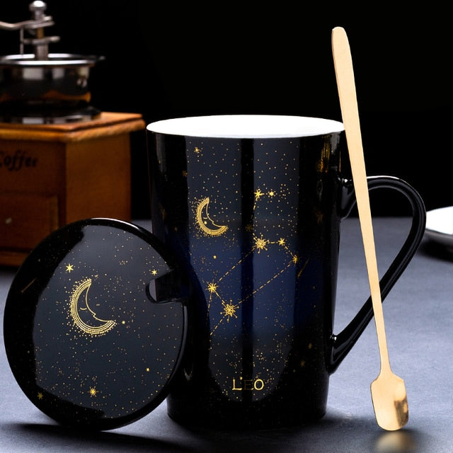 12 Constellations Creative Mugs With Golden Spoon and Lid in White, Dark Blue and Black 420 ml