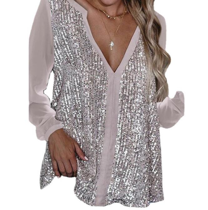 Casual sequined V-neck long-sleeved loose chiffon shirt for women