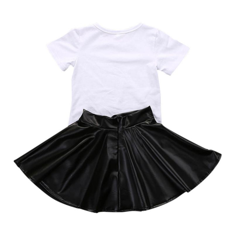 2PCS Toddler Kids Girl Clothes Set Summer Short Sleeve Mini Boss T-shirt Tops + Leather Skirt Outfit Child Suit New