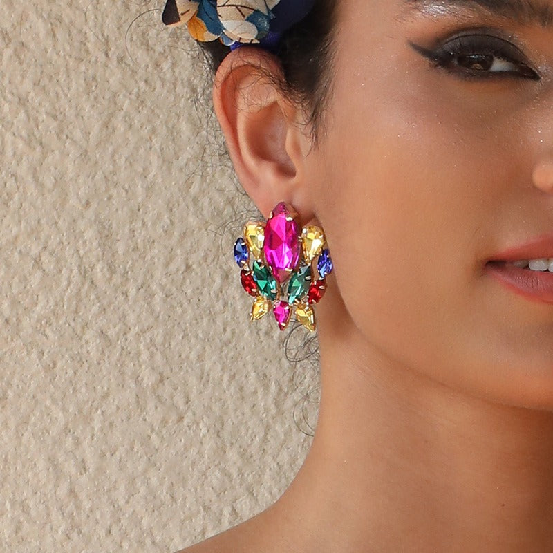 Earrings with nlaid colored diamond-shaped glass rhinestone