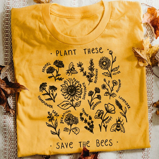 Plant These Harajuku Tshirt Women Causal Save The Bees T-shirt Cotton Wildflower Graphic Tees Woman Unisex Clothes