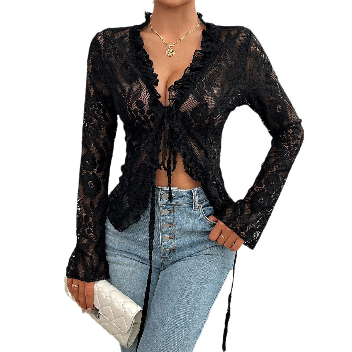 Women's top spring/summer sexy slim fit long sleeved lace top