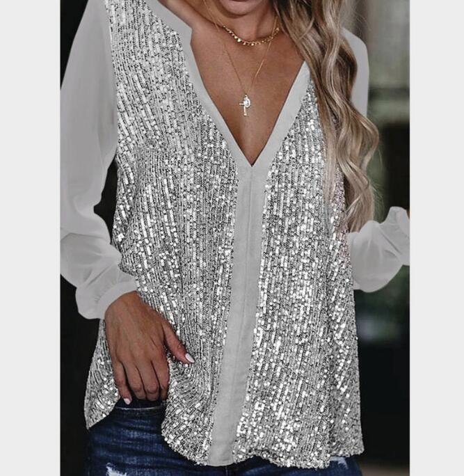 Casual sequined V-neck long-sleeved loose chiffon shirt for women