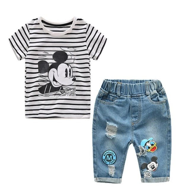 Adorable Infant Summer Clothing: Cartoon Striped T-Shirts & Denim Shorts Sets - Perfect Kids 2pcs Outfits for Boys & Girls