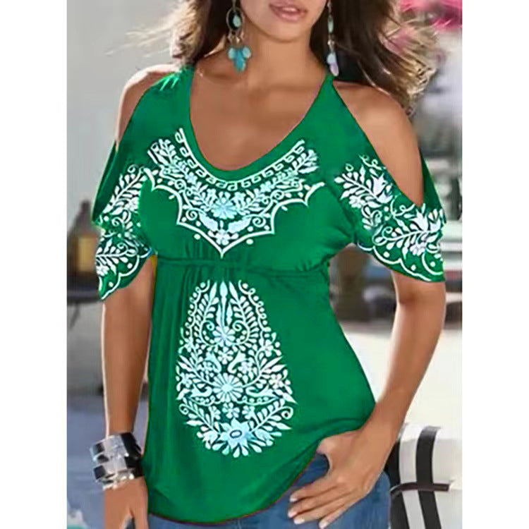 Summer New Women Loose V-Neck Pleated Printed Off The Shoulder Short Sleeved T-Shirt