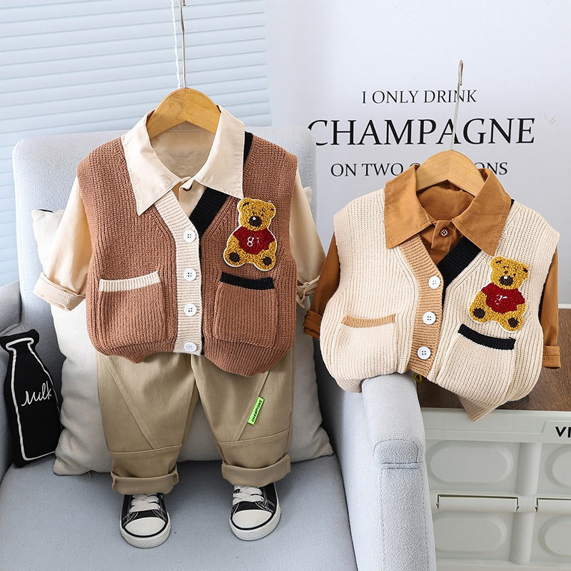 Boys woolen bear vest long sleeved three piece suit autumn new small and medium sized boy baby fashion long sleeved suit trendy