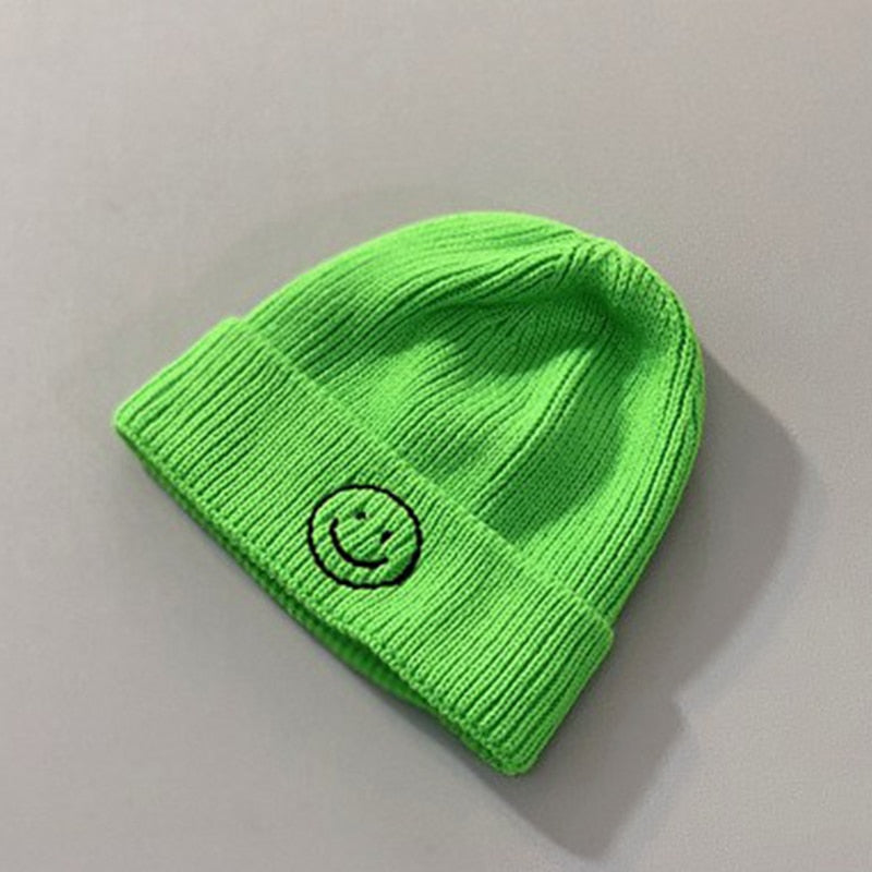 Cute Cartoon Smile Embroidery Baby Hat - Solid Color, Winter Knitted Beanie for Boys and Girls | Warm Children's Caps