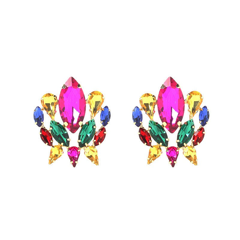 Earrings with nlaid colored diamond-shaped glass rhinestone