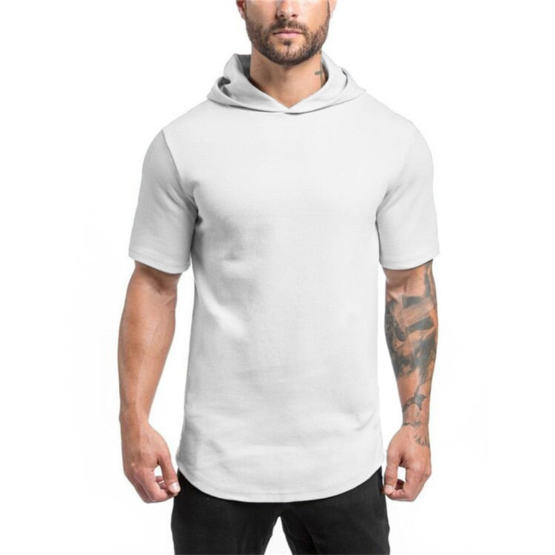 Mens Bodybuilding Hoodies Men Gyms Hooded Short Sleeve Fitness Clothing Muscle T Shirt Slim Solid Cotton Pullover Sweatshirt