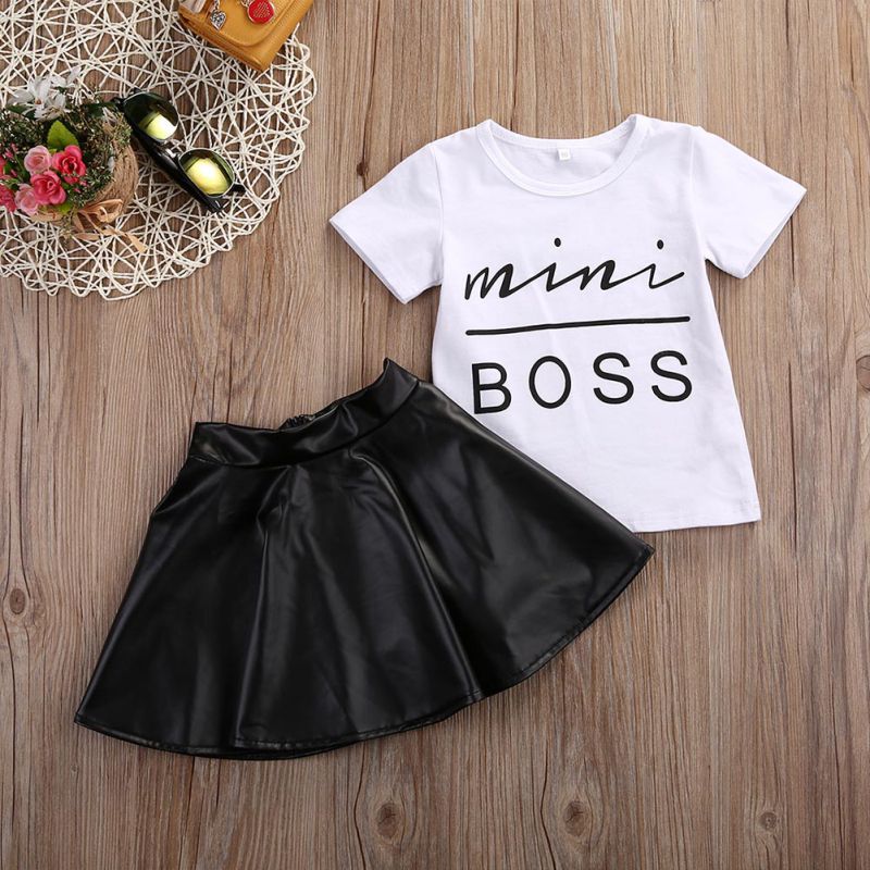 2PCS Toddler Kids Girl Clothes Set Summer Short Sleeve Mini Boss T-shirt Tops + Leather Skirt Outfit Child Suit New