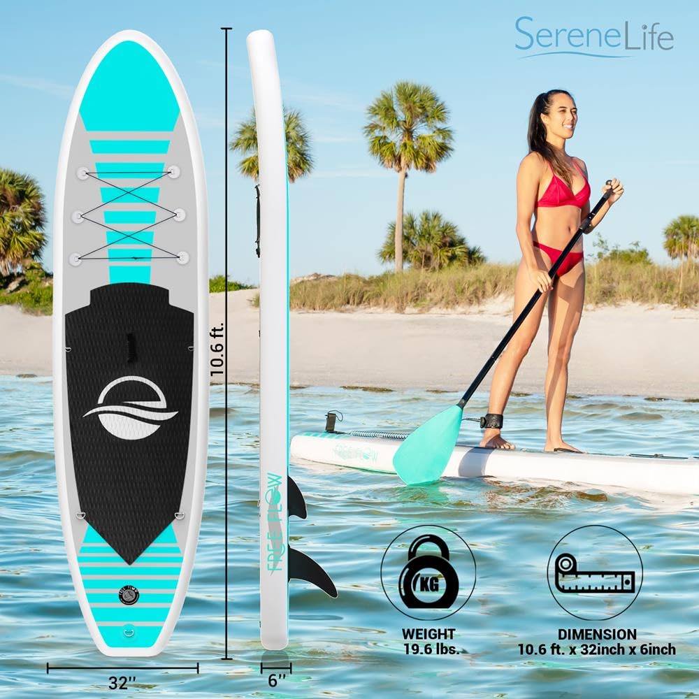 SereneLife Stand up Paddle Board Inflatable - Non-Slip SUP Paddle Board Paddle, Pump, Leash, and Accessories - Fun Water inflatable paddle board for Adults and Youth with Wide Stable Design