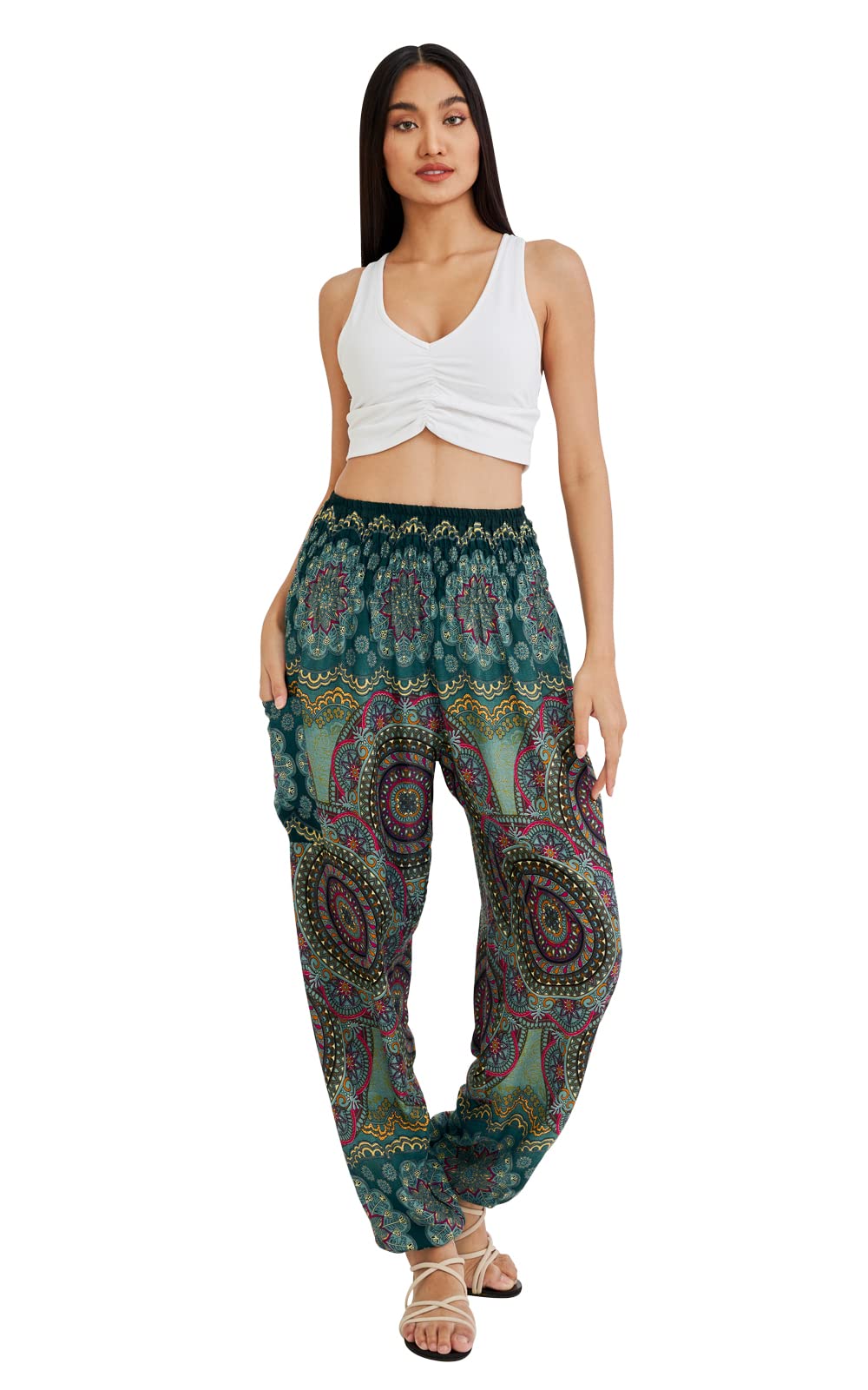 Joob Joob Boho Pants for Women - Hippie Harem Pants Women - Womens Yoga Pants – Comfy Bohemian Flowy Hippie Clothes - Green Medium