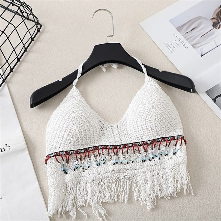 Hanging Neck Small Tank Top with Inner Strap and Chest Pad Open Back Hollow Bra Crochet Tank Top Women's Short Top