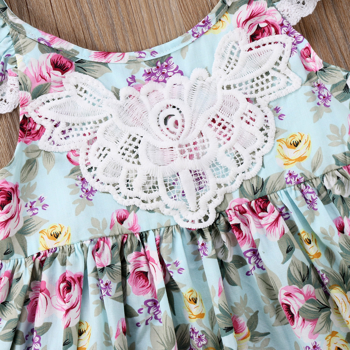 Girls Summer Flying Sleeve Off-shoulder Broken Flowers Print Lace Dress Children's Clothing