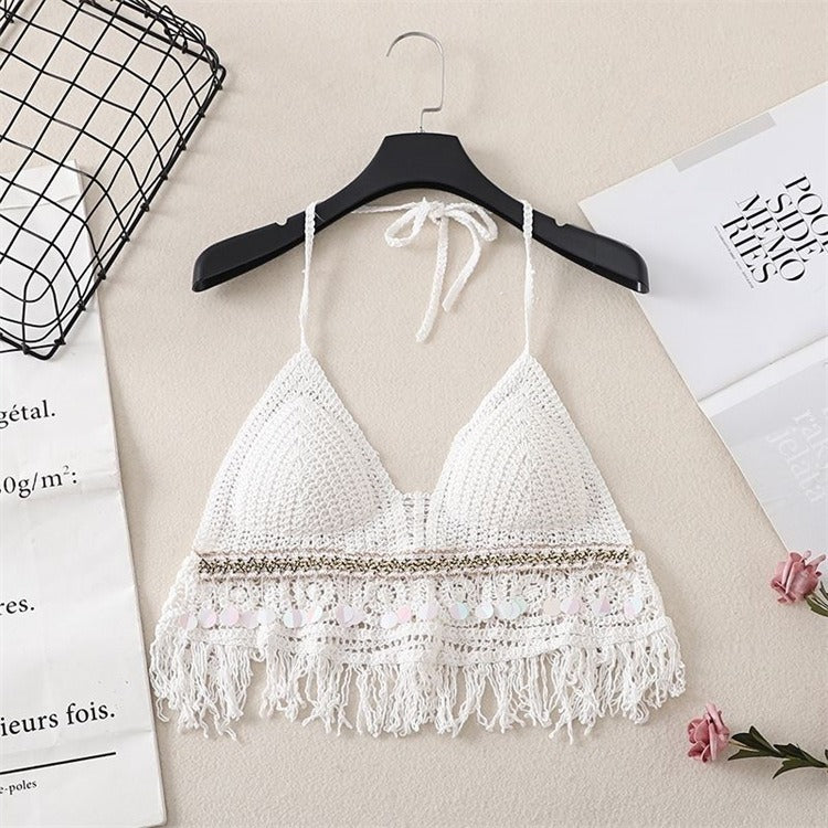 Hanging Neck Small Tank Top with Inner Strap and Chest Pad Open Back Hollow Bra Crochet Tank Top Women's Short Top