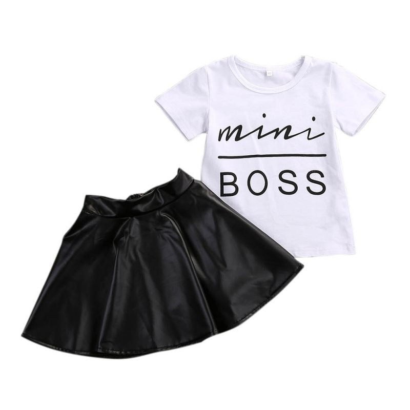 2PCS Toddler Kids Girl Clothes Set Summer Short Sleeve Mini Boss T-shirt Tops + Leather Skirt Outfit Child Suit New