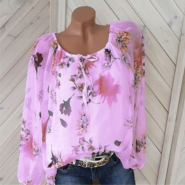 New Women's Sexy One Word Neck Printed Chiffon Shirt