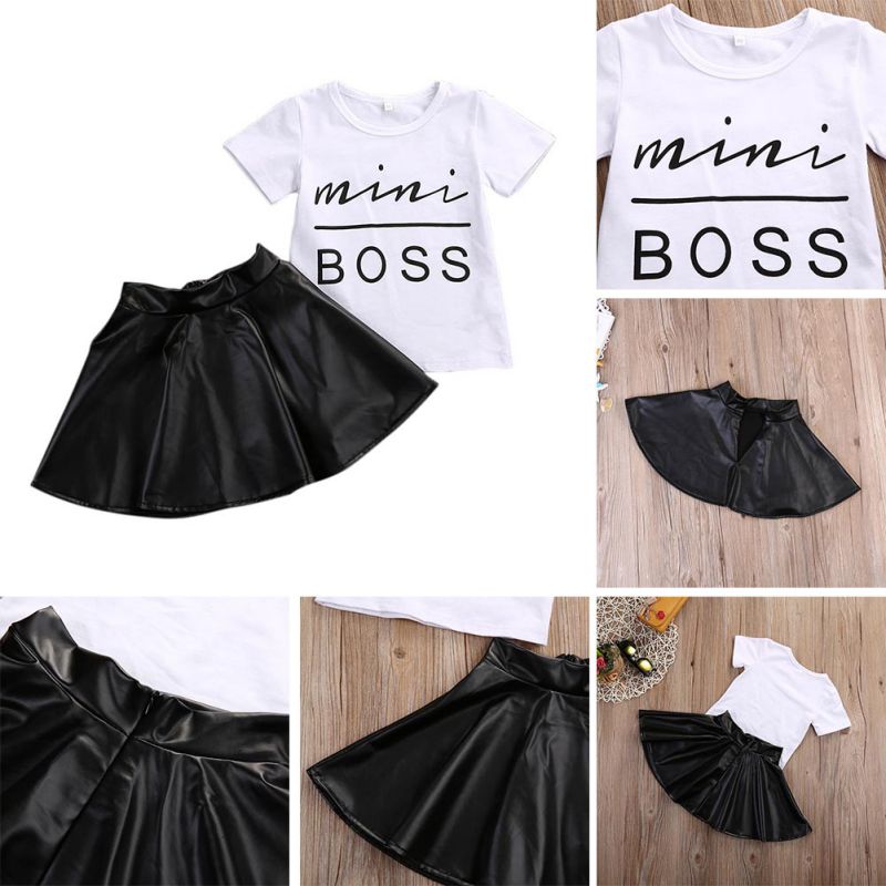 2PCS Toddler Kids Girl Clothes Set Summer Short Sleeve Mini Boss T-shirt Tops + Leather Skirt Outfit Child Suit New