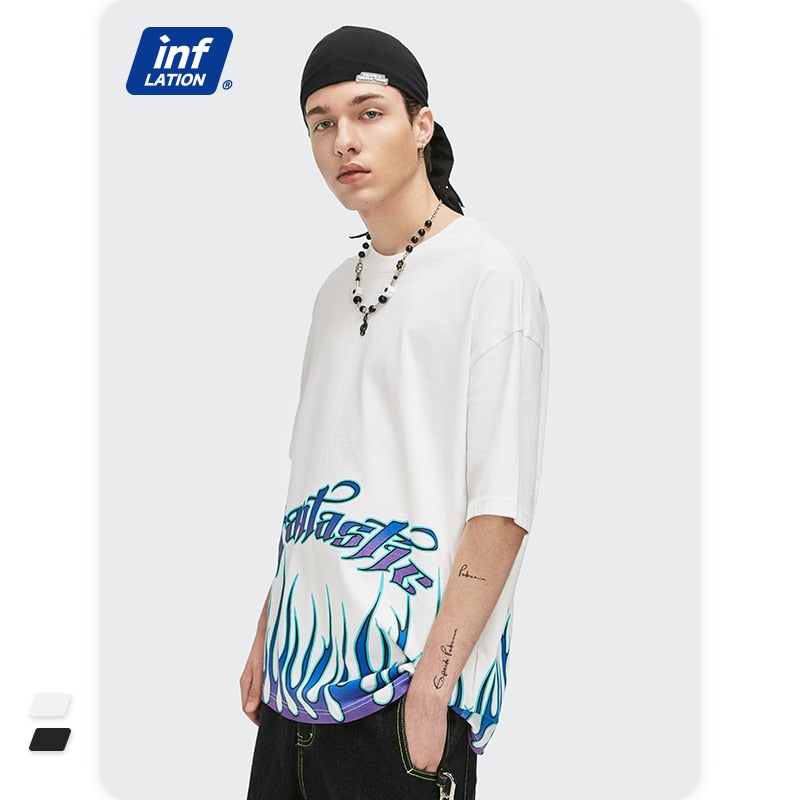 IIgnite Your Style: INFLATION Men's Flame Print Oversized T-Shirts