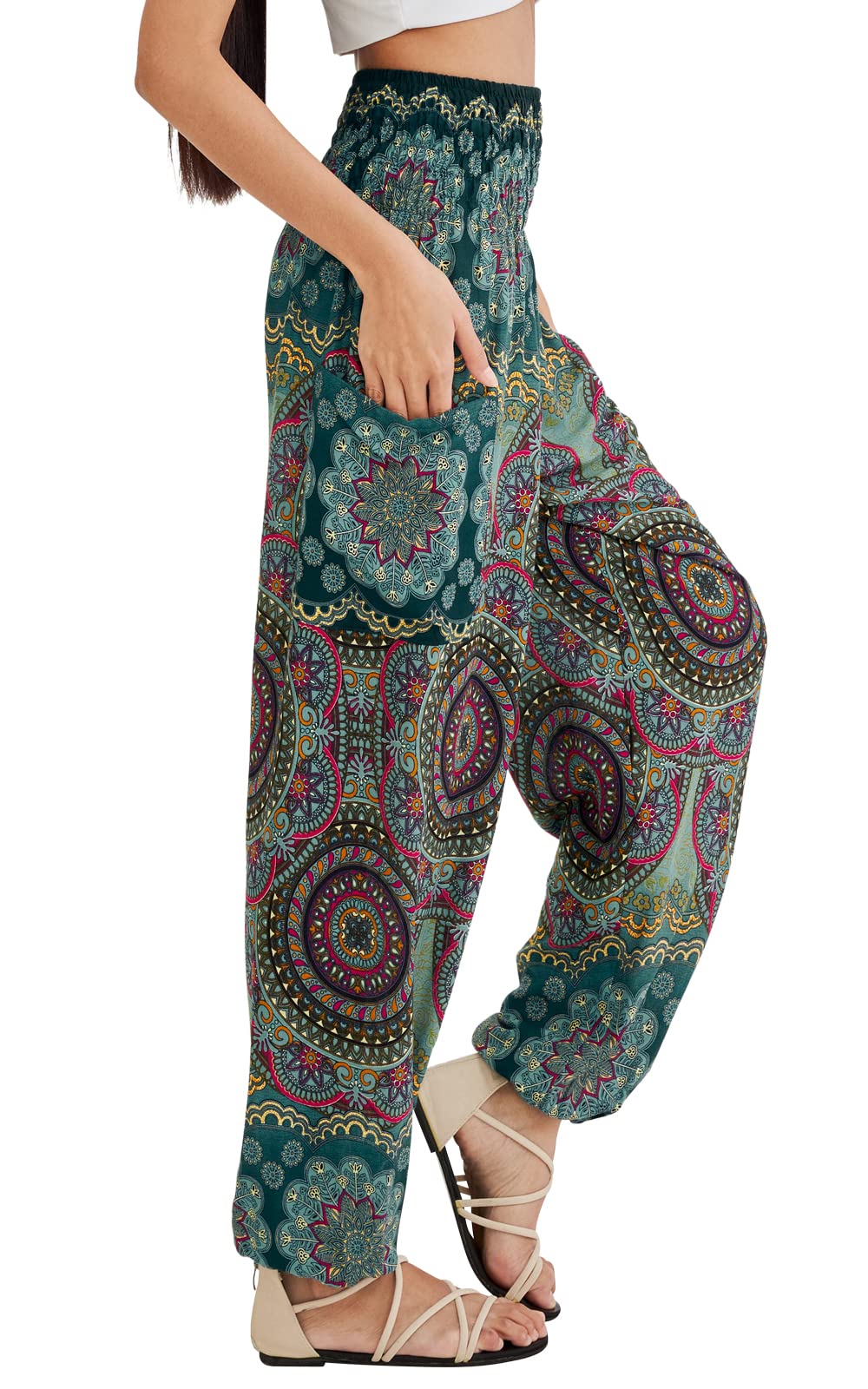 Joob Joob Boho Pants for Women - Hippie Harem Pants Women - Womens Yoga Pants – Comfy Bohemian Flowy Hippie Clothes - Green Medium