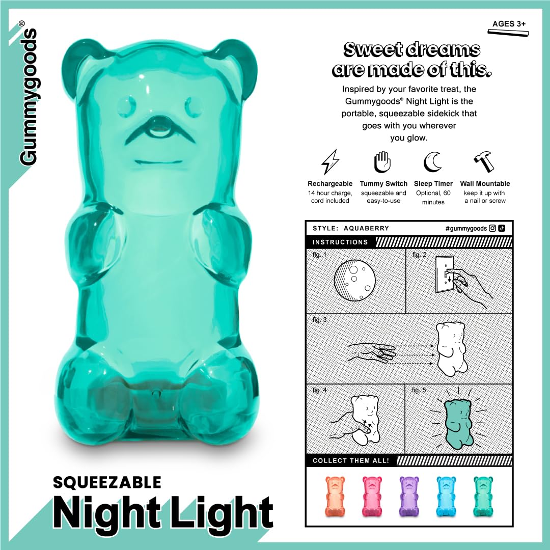 Gummygoods Squeezable Gummy Bear Night Light - Rechargeable, Portable, Squishy Lamp, 60-Min Sleep Timer - Ideal for Kids, Baby Nursery, Adults and Dorm Rooms (Aquaberry)