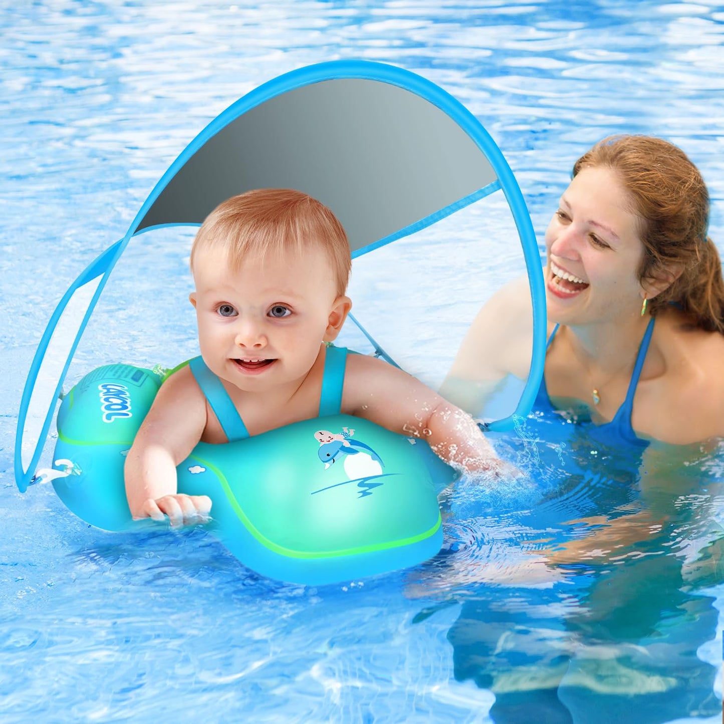 LAYCOL Baby Swimming Float with UPF50+ Sun Canopy Baby Floats for Pool No Flip Overbaby Pool for Baby Age of 3-36 Months (Blue, L)