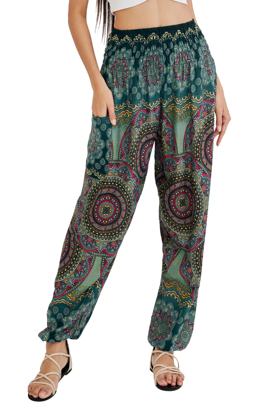 Joob Joob Boho Pants for Women - Hippie Harem Pants Women - Womens Yoga Pants – Comfy Bohemian Flowy Hippie Clothes - Green Medium