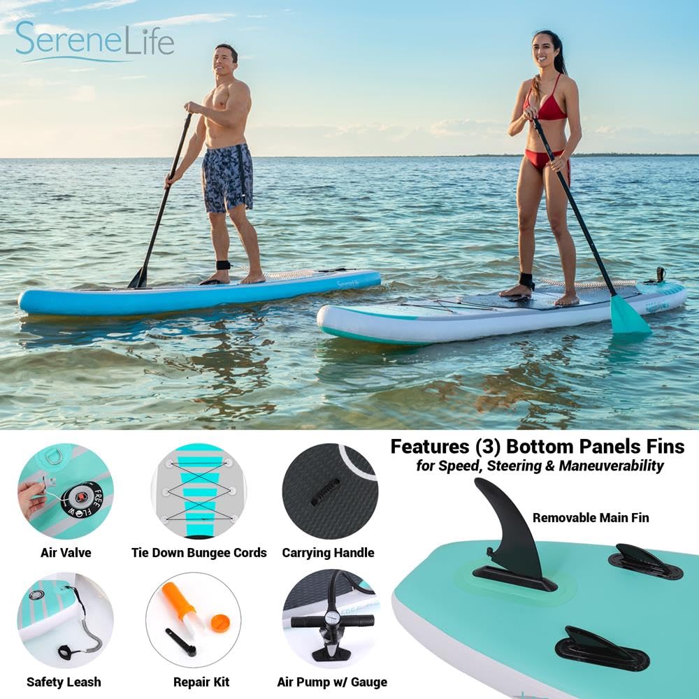 SereneLife Stand up Paddle Board Inflatable - Non-Slip SUP Paddle Board Paddle, Pump, Leash, and Accessories - Fun Water inflatable paddle board for Adults and Youth with Wide Stable Design