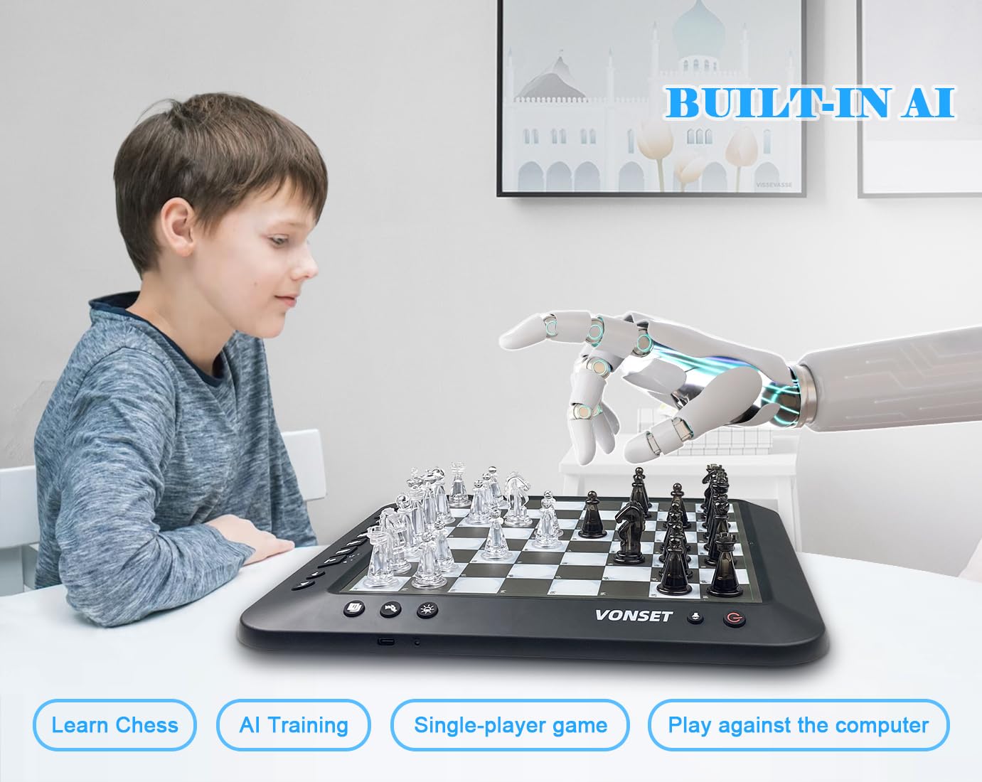 Vonset P6 Computer Chess Game Talking Smart Chess Board Electronic Chess Set Magnetic Chess Computer with LED for Beginners Electronic Chess Board for Kids & Adults Learn Chess