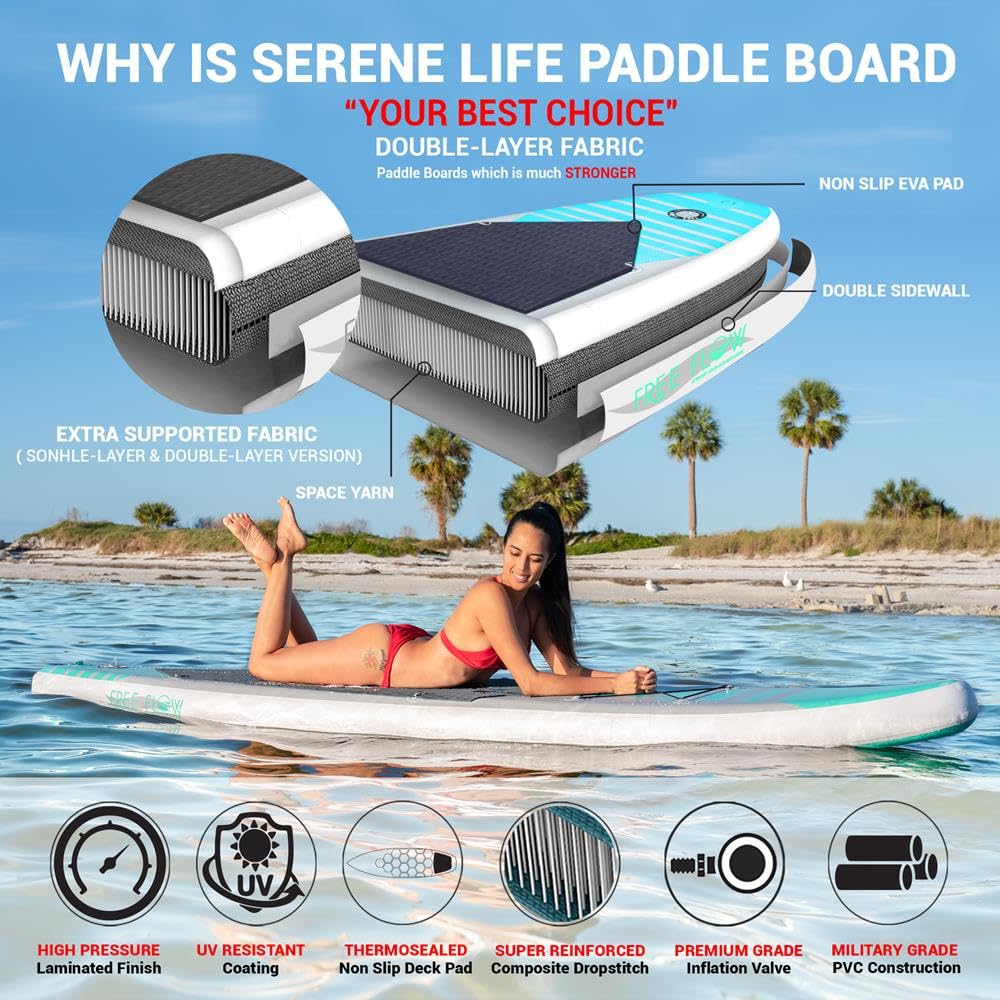 SereneLife Stand up Paddle Board Inflatable - Non-Slip SUP Paddle Board Paddle, Pump, Leash, and Accessories - Fun Water inflatable paddle board for Adults and Youth with Wide Stable Design