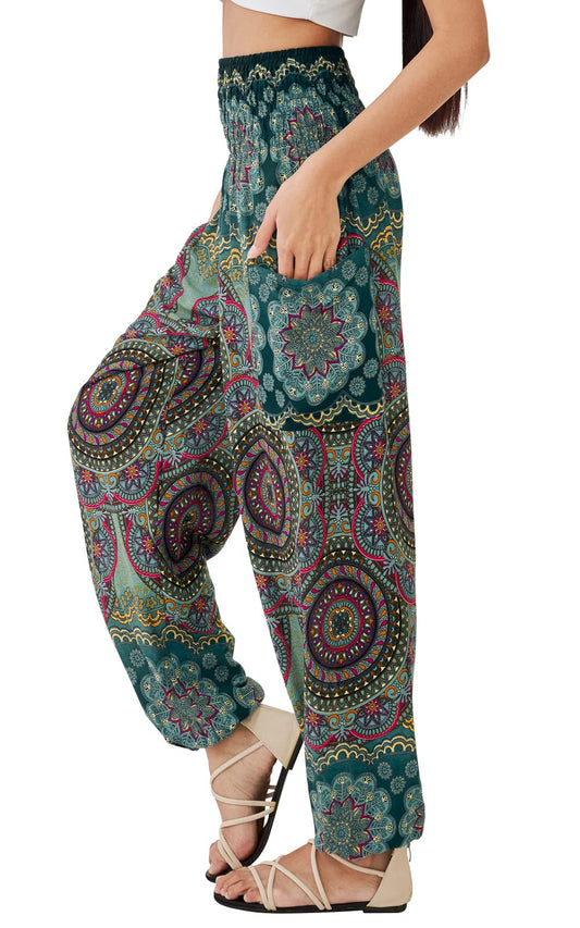 Joob Joob Boho Pants for Women - Hippie Harem Pants Women - Womens Yoga Pants – Comfy Bohemian Flowy Hippie Clothes - Green Medium