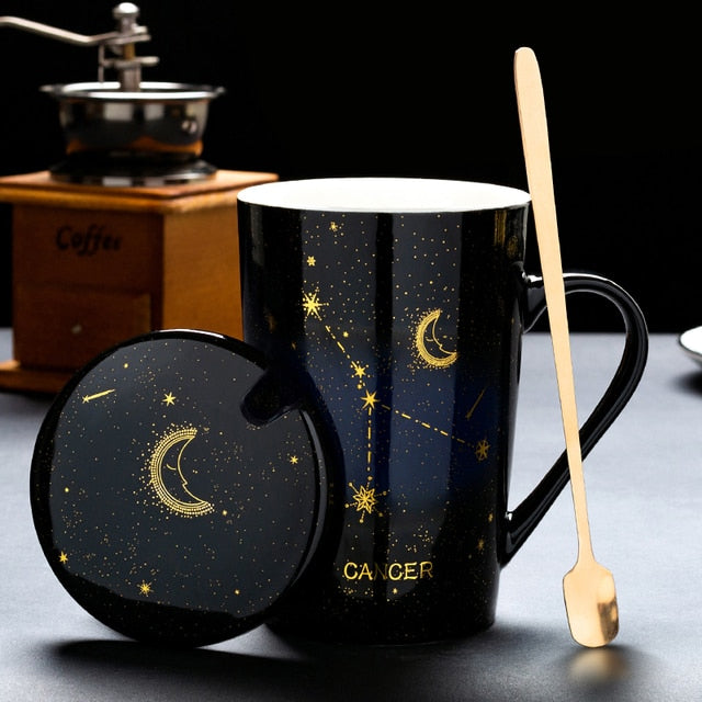 12 Constellations Creative Mugs With Golden Spoon and Lid in White, Dark Blue and Black 420 ml