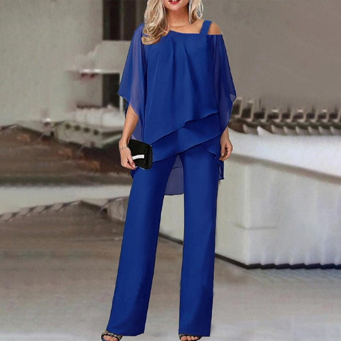 Women's New European and American Fashion Solid Color Loose Leisure Bat Sleeve Long Pants Irregular Fashion Casual Set