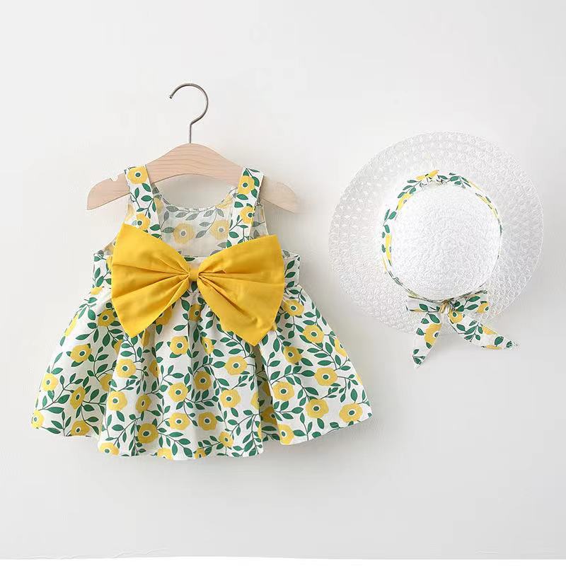 Summer New Korean Style Suspender Dress Girl Baby Print Bow Princess Dress