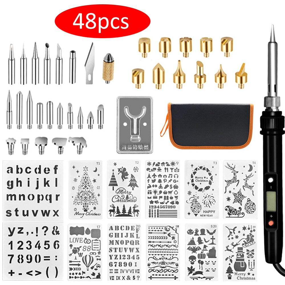 48pcs Carving Pyrography Pen Kit Embossing Soldering Tips Wood Burning Craft Tool Adjustable Temperature Soldering Iron EU Plug