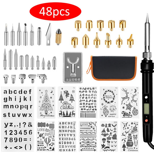 48pcs Carving Pyrography Pen Kit Embossing Soldering Tips Wood Burning Craft Tool Adjustable Temperature Soldering Iron EU Plug