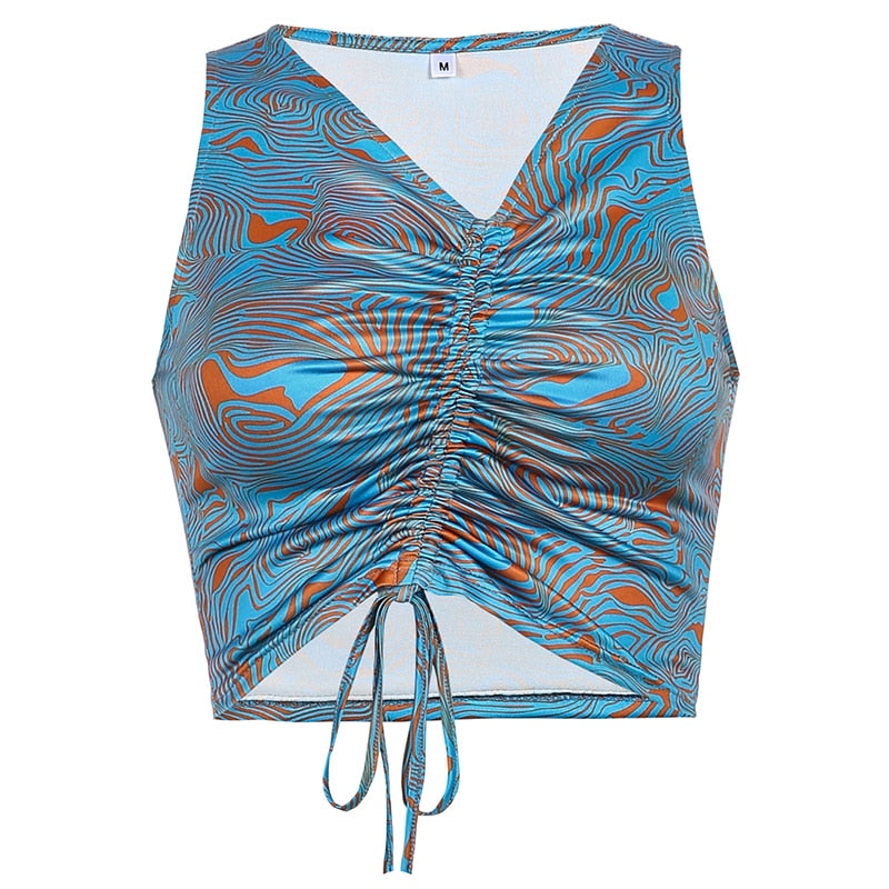 Rapcopter Paisley Tank Top Ruched Drawstring Crop Top y2k Retro Corset Top Women Beach Style Camis Holiday Sweats Summer