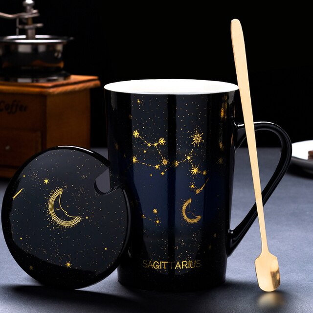 12 Constellations Creative Mugs With Golden Spoon and Lid in White, Dark Blue and Black 420 ml