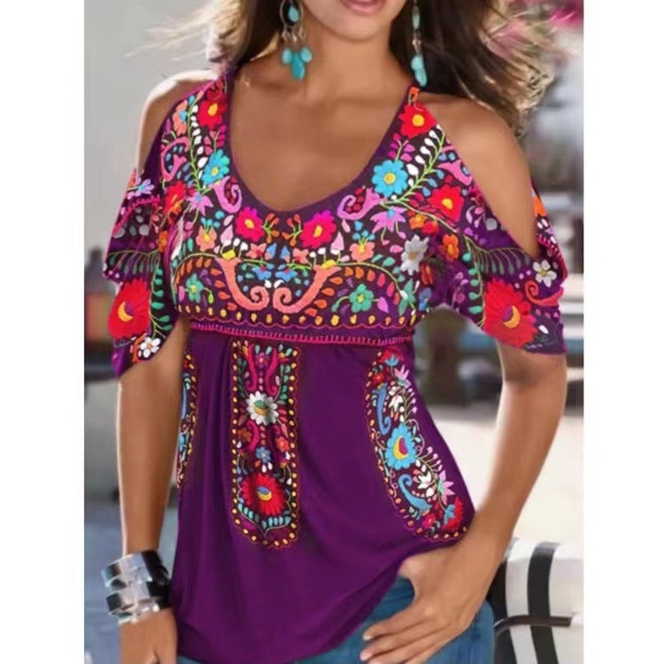 Summer New Women Loose V-Neck Pleated Printed Off The Shoulder Short Sleeved T-Shirt