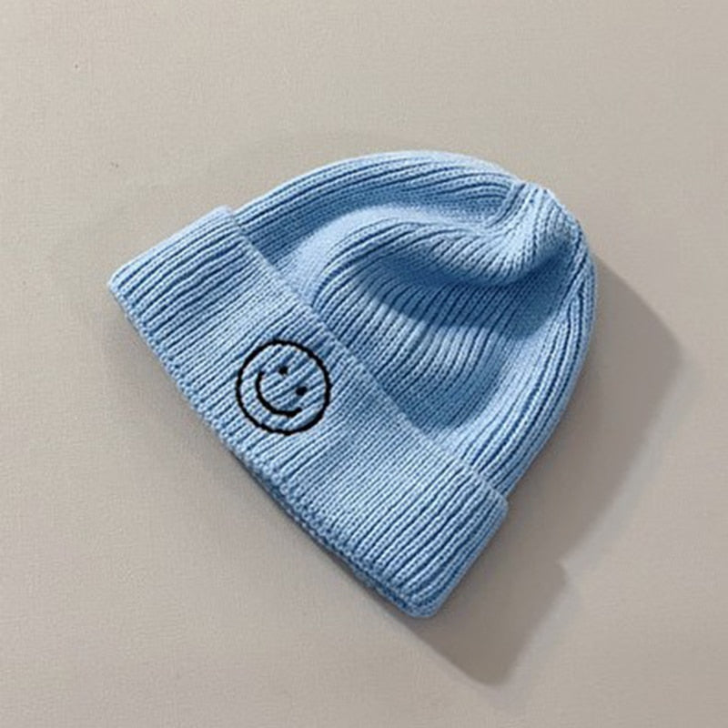 Cute Cartoon Smile Embroidery Baby Hat - Solid Color, Winter Knitted Beanie for Boys and Girls | Warm Children's Caps